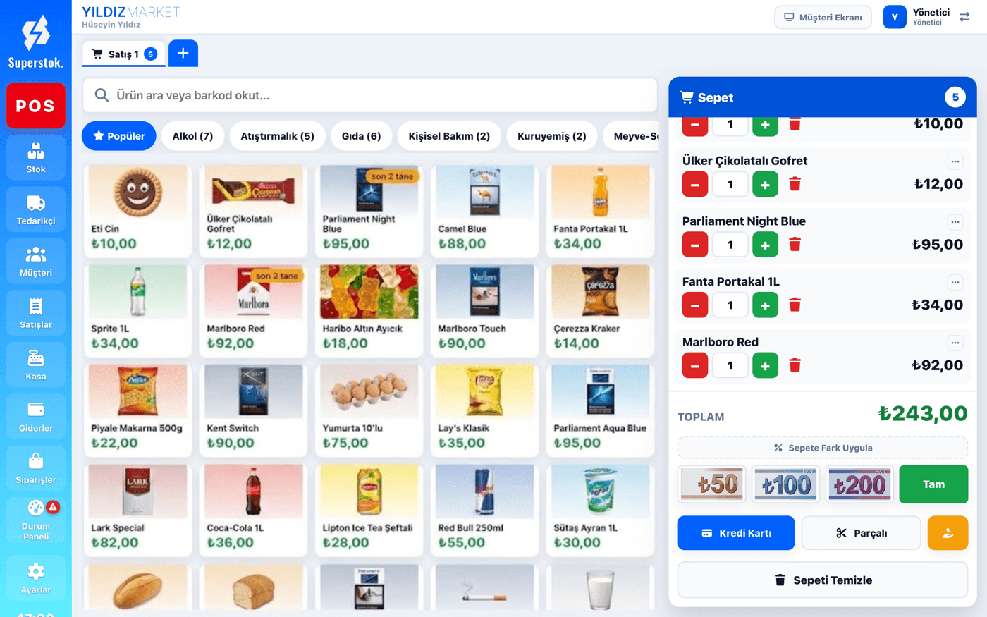SuperStok barkodlu satış ekranı